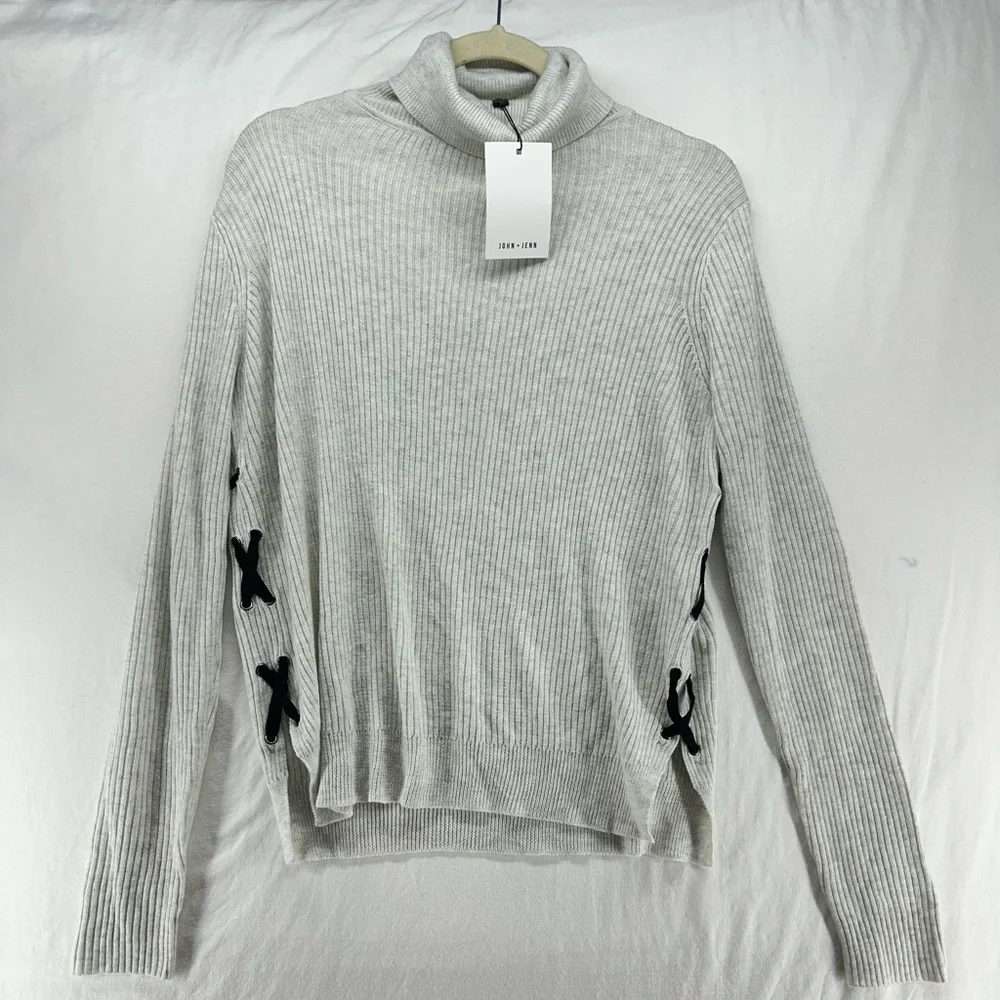 John + Jenn By Line Max Cream Gray Knit Pullover Sweater Tie Side Turtleneck S